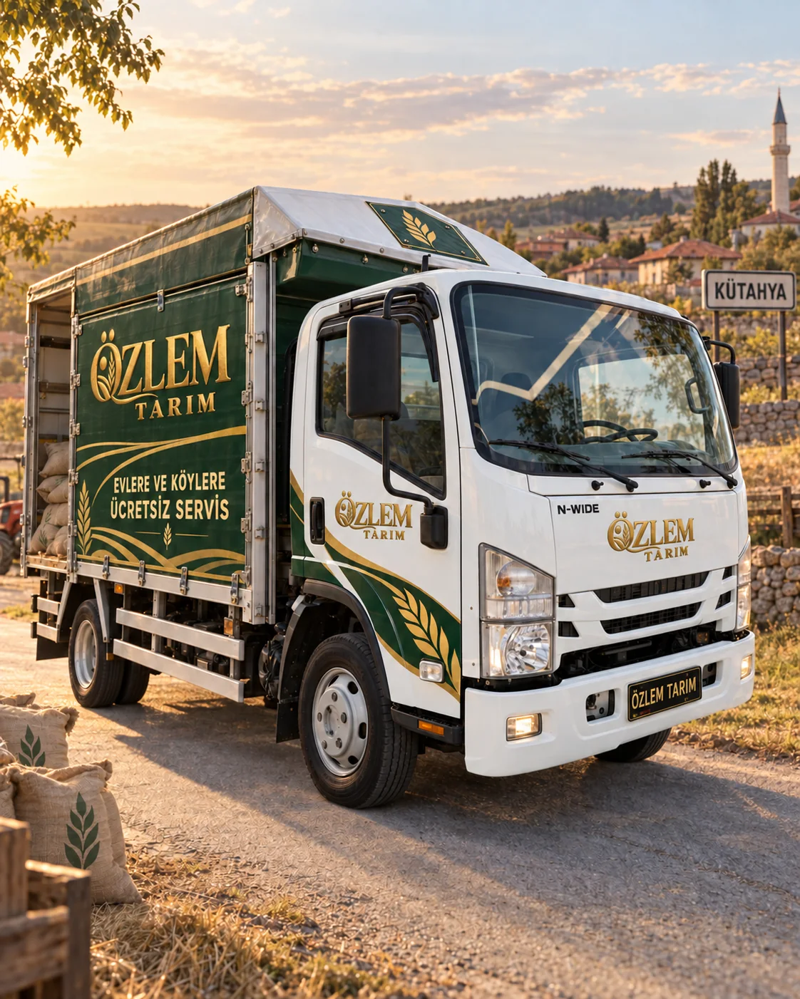 Özlem Tarım logolu ücretsiz servis aracı Kütahya